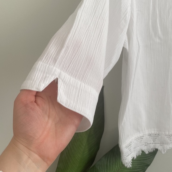 🌿3 for $25🌿 Cotton Embroidered Trip Button Up 3/4 Sleeve Cropped Shirt - Picture 4 of 7